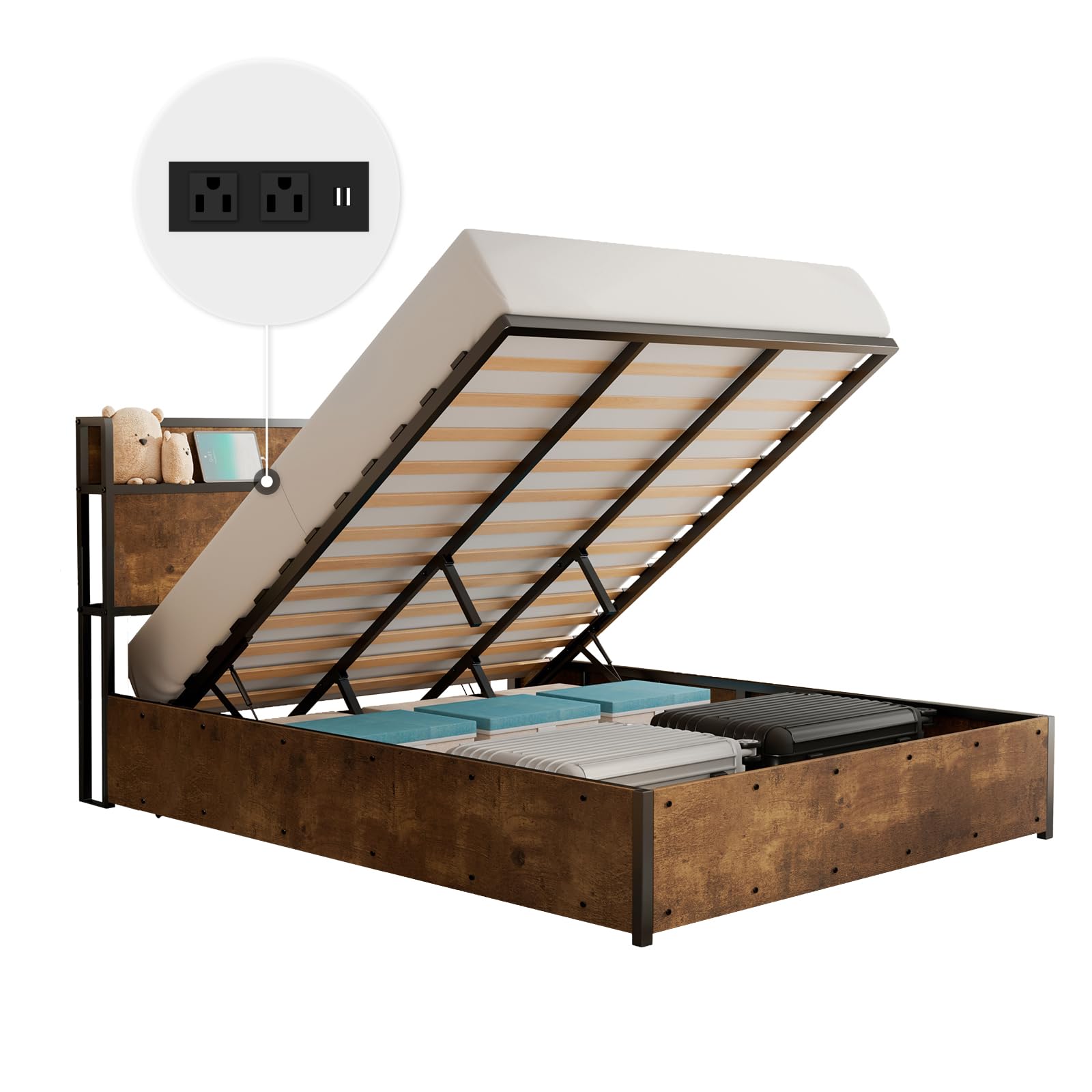 LUXOAK Full Size Lift Up Storage Bed, Wood Platform Bed Frame with Storage Headboard & Charging Station, No Box Spring Needed, Easy Assembly, Black