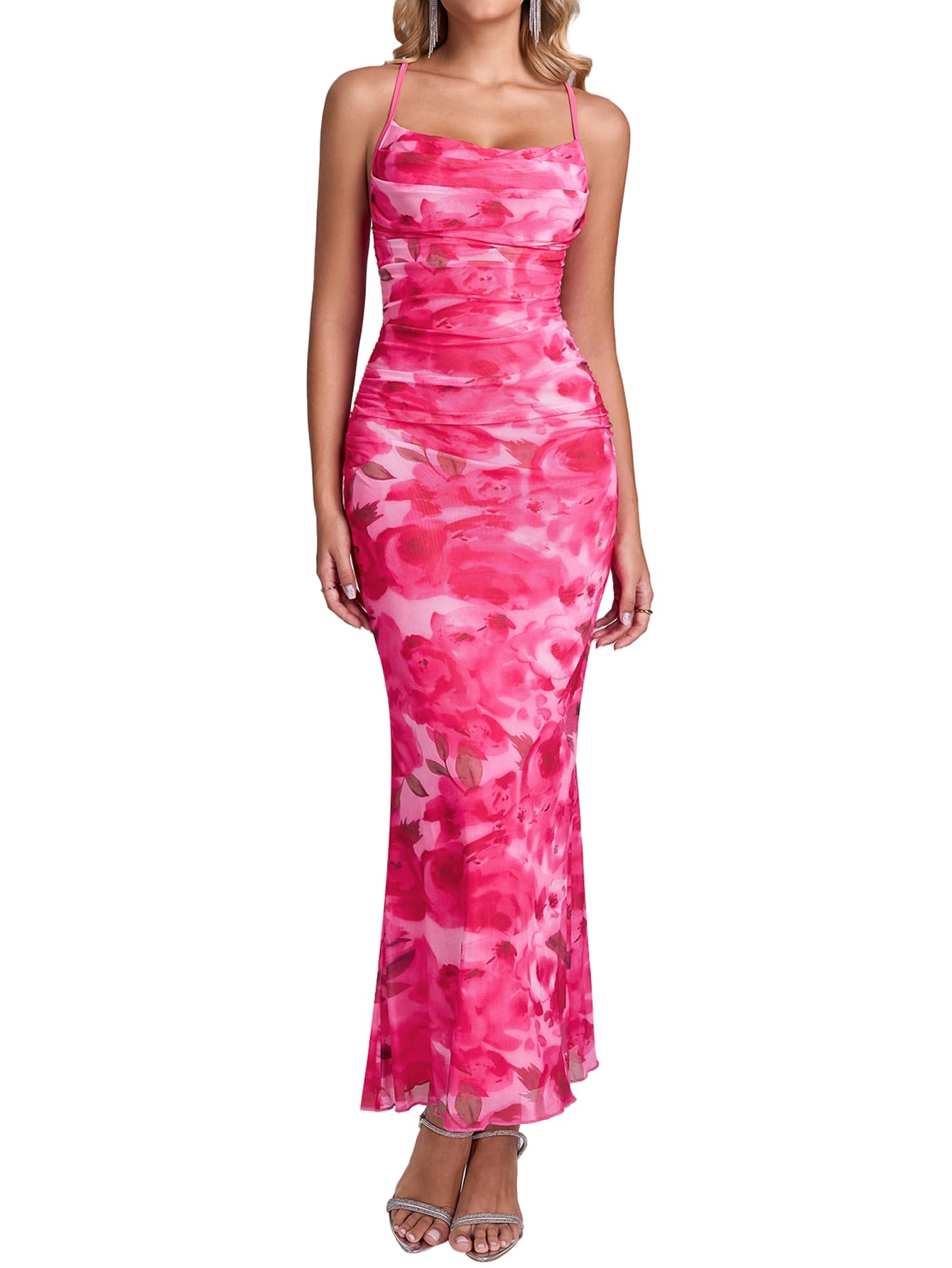 URYIAO Women's Summer 2026 Floral Spaghetti Strap Maxi Dress Sleeveless Ruched Mesh Bodycon Long Wedding Guest Dresses
