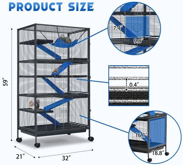Metal Small Animal Cage 6-Tier Ferret Sugar Glider Cage for Chinchillas/Guinea Pig/Rabbit/Large Hamste Rolling Critter Nation Cage with Flannel ramps, Removable Tray,6 Doors Easy Clean