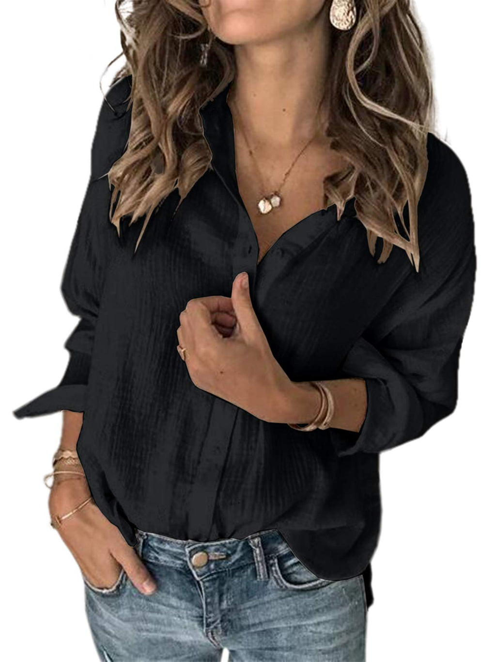 Karlywindow Womens Long Sleeve Button Down Cotton Linen Shirt Blouse Loose Fit Casual V-Neck Tops