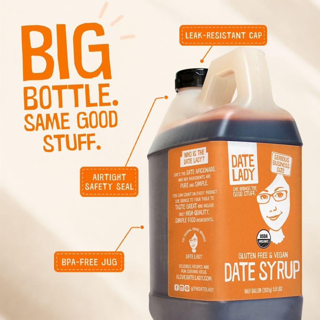 Date Lady Date Syrup 3 lb Squeeze Bottle | 1 ingredient: 100% Organic Dates. Vegan, Paleo, Gluten-free & Kosher | Also Known As Silan, Date Honey and Date Nectar | Sugar Substitute