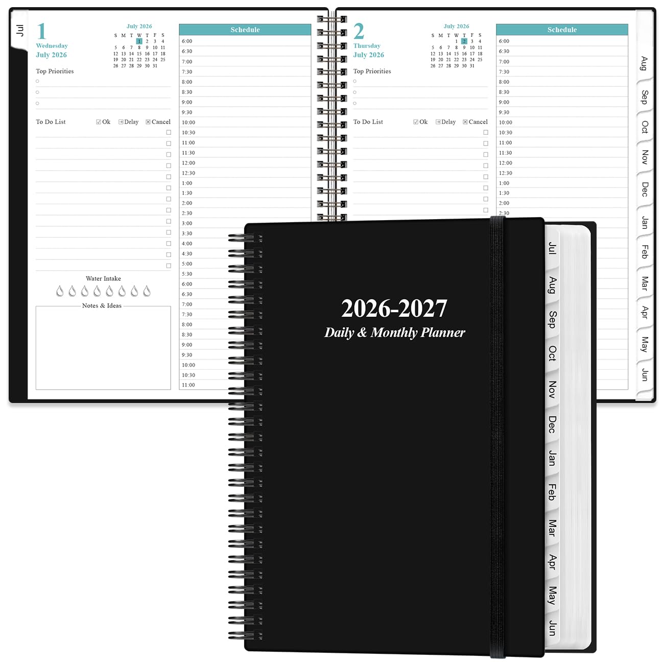 2026-2027 Daily & Monthly Planner - One Page Per Day, Daily Planner from July 2026 to June 2027, Planner 2026-2027 with 12 Monthly Tabs, 6.4" x 8.5", Black