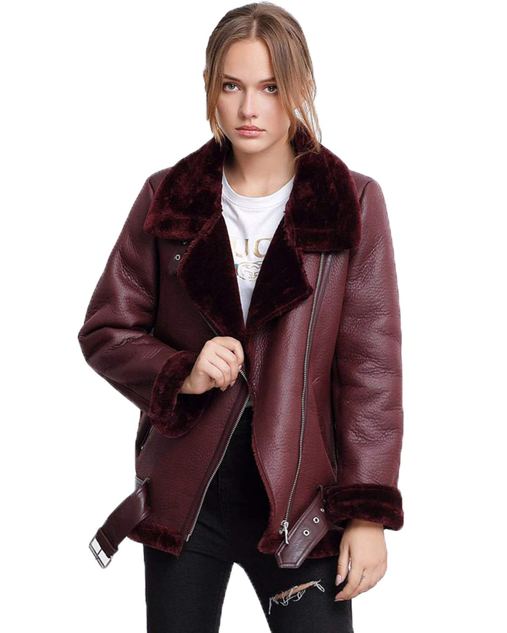 LY VAREY LIN Women's Faux Shearing Moto Jacket Thick Lined Parka Winter Shearling Coat Leather Jacket