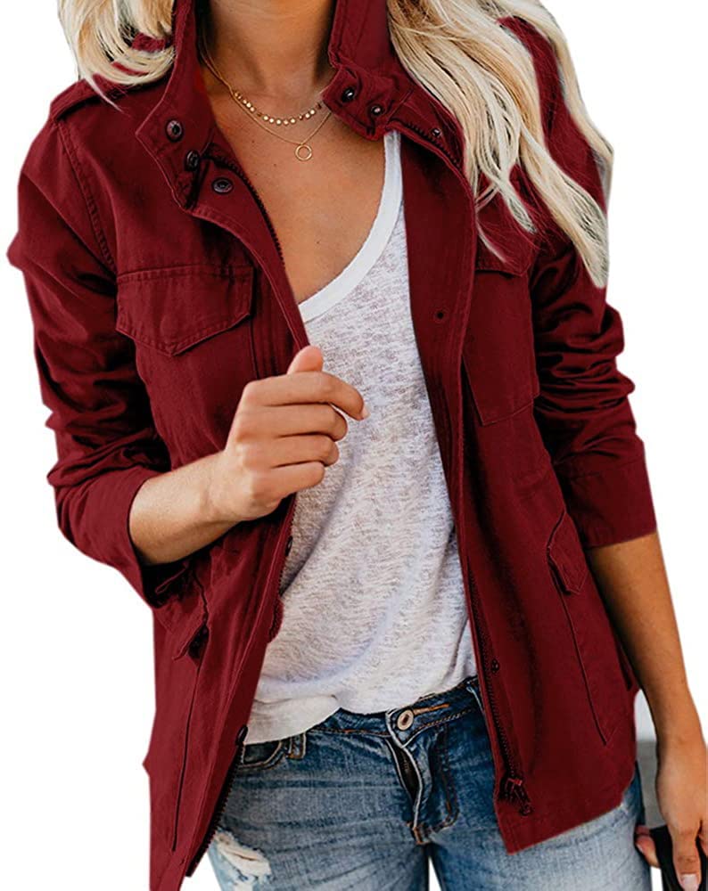 Soulomelody Women Military Anorak Jackets Zip Up Snap Buttons Parka Safari Utility Coats Outwear with Pocket