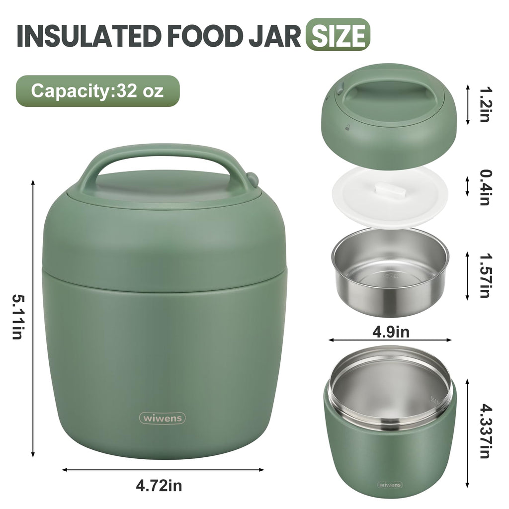 wiwens Thermo Food Jar for Hot Food Adults 32OZ Soup Thermo Lunch Containers Wide Mouth Vacuum Insulated Stainless Steel Leakproof Bento Box with Spoon (Beige)