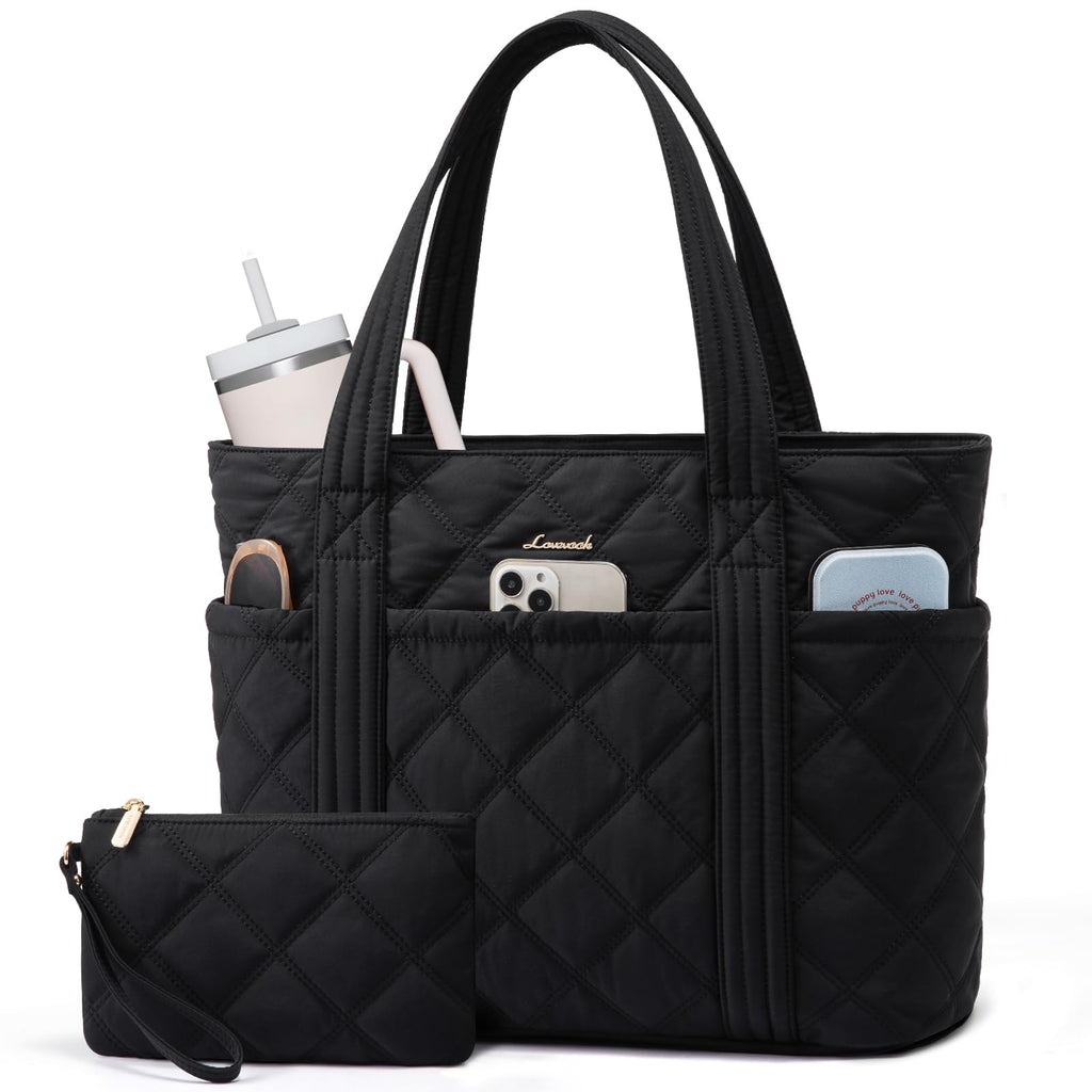 LOVEVOOK Puffer Tote Bag for Women, Puffy Work Handbag with Cup Holder, Travel Carry On Bag with Zipper for Teacher Nurse Gym