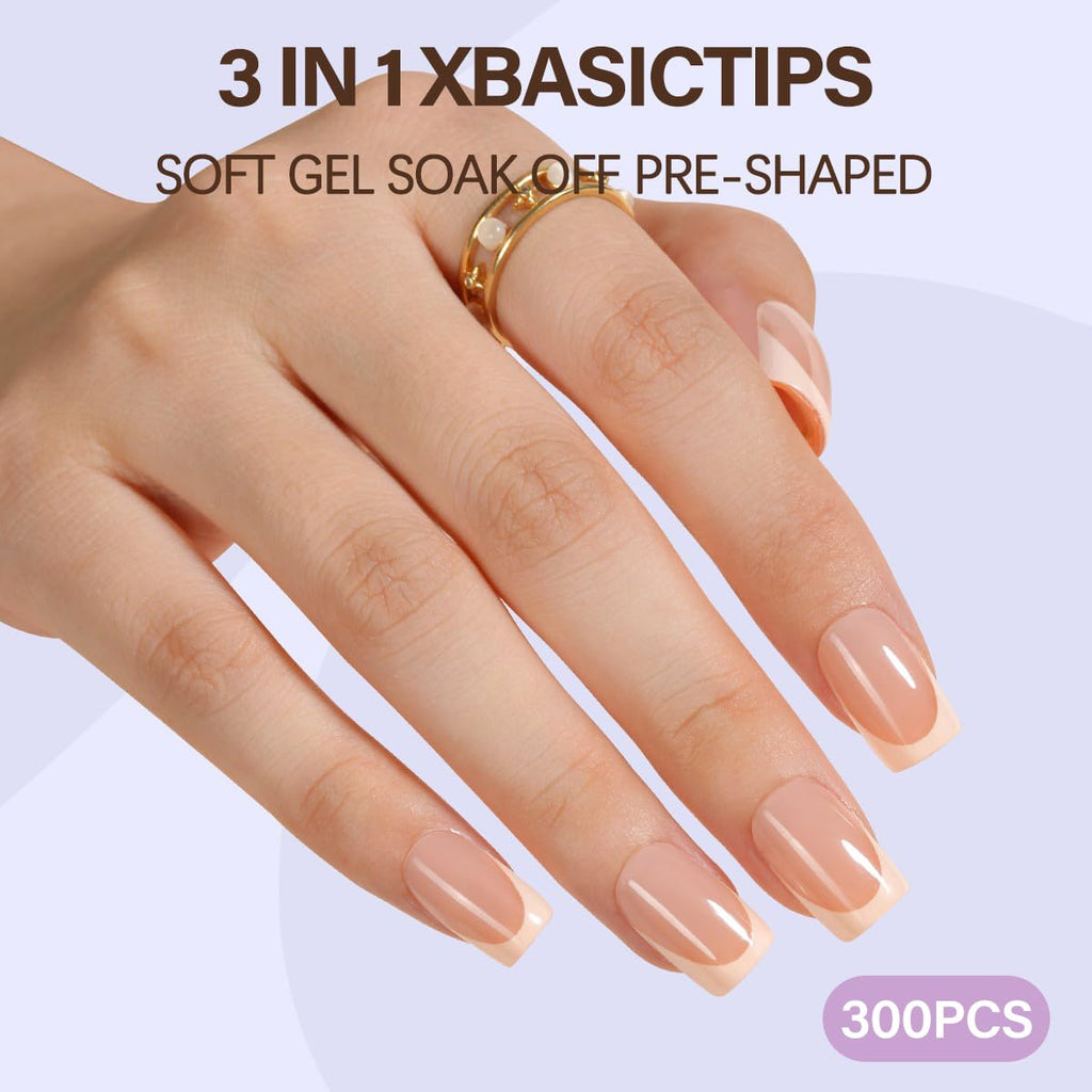 Misssix XBASICTIPS French Tip Press On Nails, 300Pcs French Gel Nail Tips Long Square, Soft Gel Pre-shaped No Need to File 3 in 1 Tips, Fake Nails for Nail Art DIY Extension Designs 15 Sizes