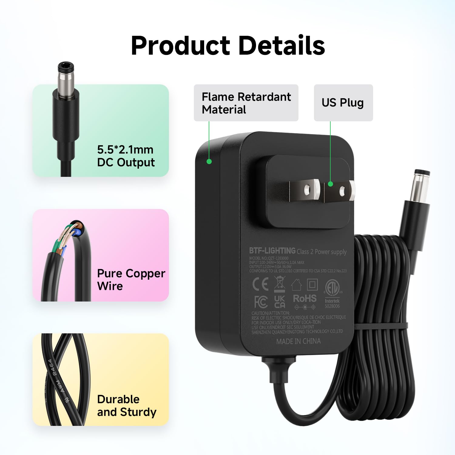 BTF-LIGHTING 12V 3A 36W Power Supply Adapter ETL Listed 100-240V AC to 12V DC Converter Class 2 Power Supply, 5.5x2.1mm Jack for Low Voltage LED Strip Lights, CCTV, Router, Electronics