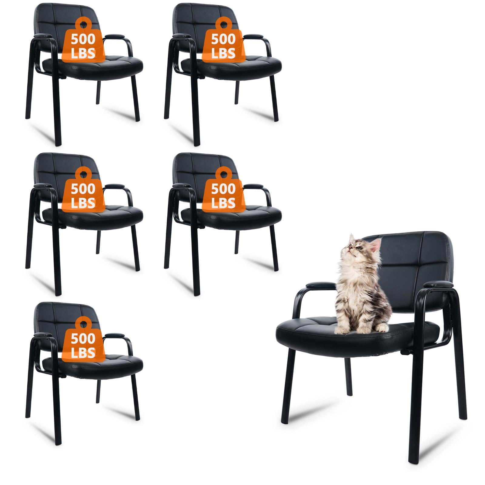 CLATINA Big & Tall 500 lbs Leather Office Reception Chair No Wheels with Padded Arms, Waiting Room Guest Chair for Elderly Home Desk Conference Room Lobby Side Salon Clinic, Black