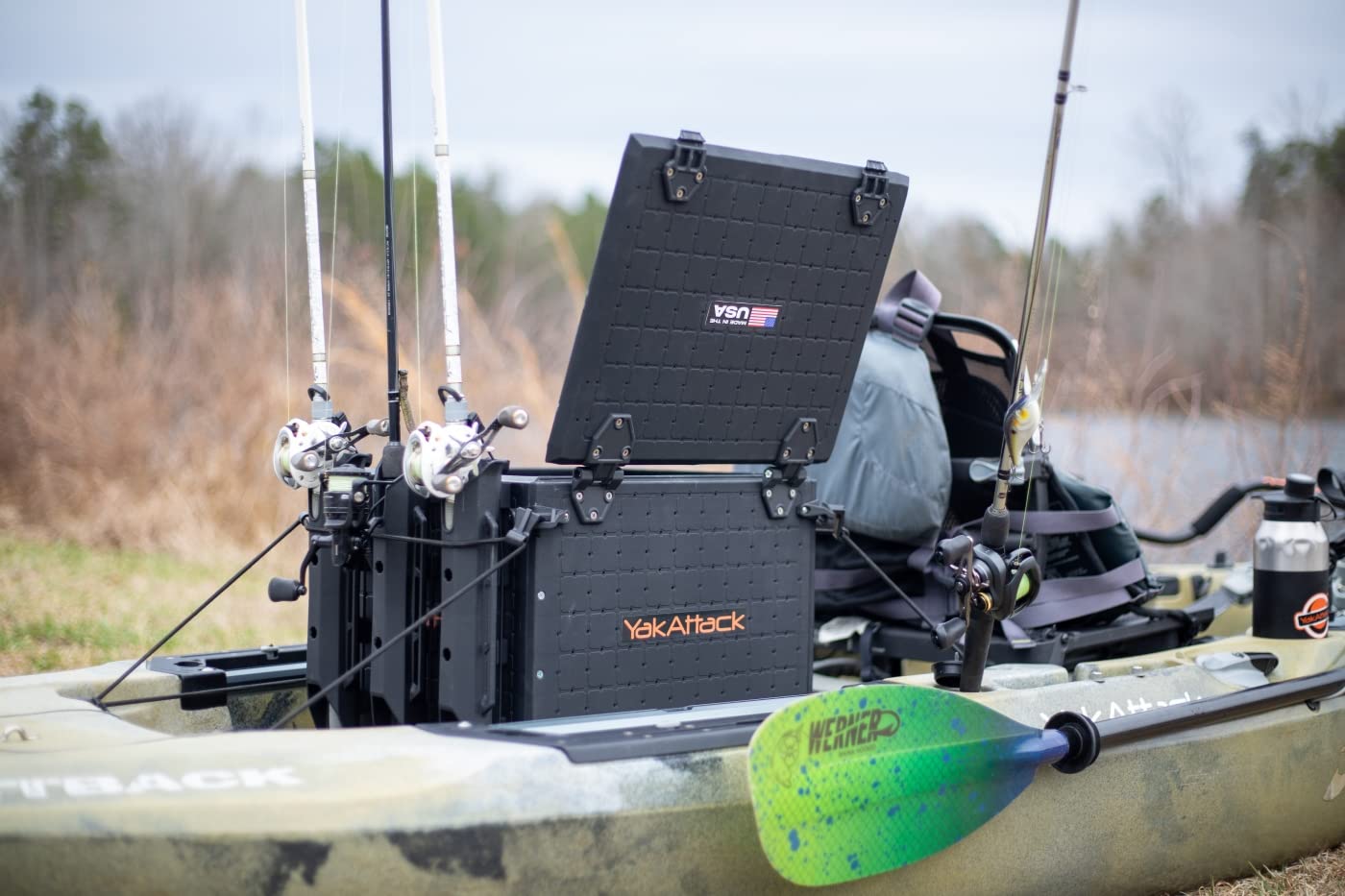 YakAttack BlackPak Pro 13" x 13" Fishing Crate with 3 Rod Holders - Battleship Grey | Compact Tackle Storage Box & Gear Organizer for Kayaks | Lightweight, Durable & Customizable Marine Accessory