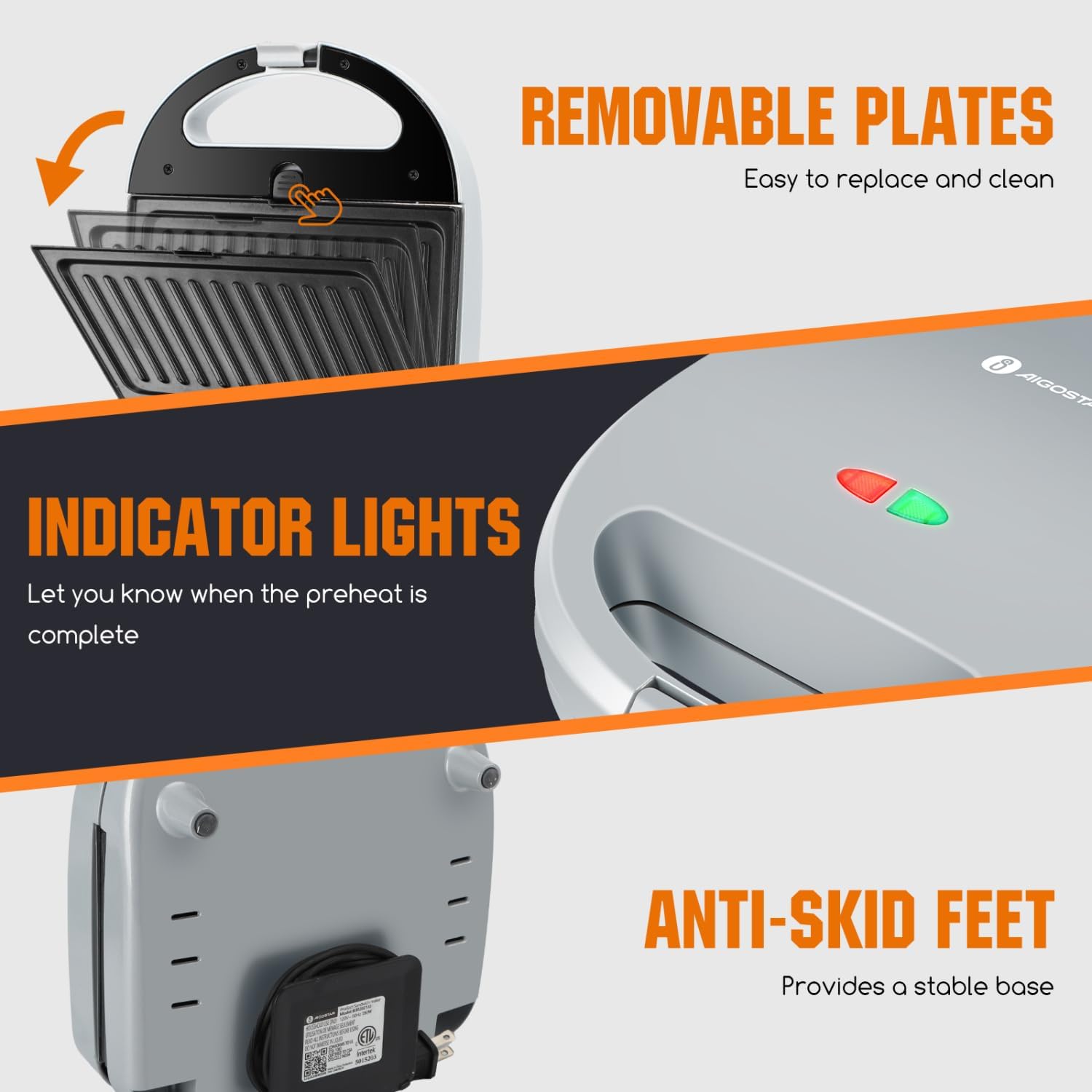 Aigostar Sandwich Maker Panini Press Grill, 3 in 1 Waffle Maker with Removable Non-stick Plates, Electric Grilled Cheese Maker, Portable Cool Touch Handle, Led Indicator Lights & Easy to Clean, 750W