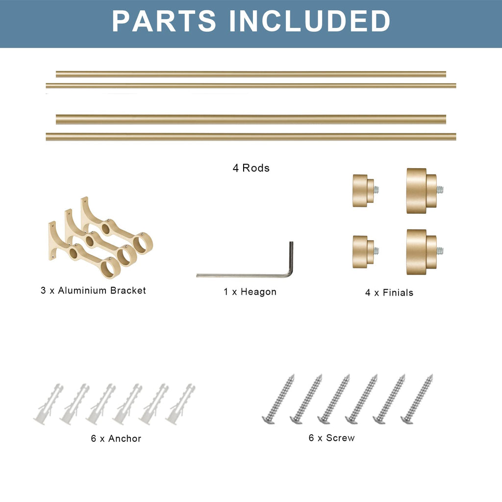 Heavy Duty Double Curtain Rods with Cylindrical Cap Finials - 36 to 72' Telescoping Rods, 1 Inch and 5/8 Inch Diameter, Light Gold