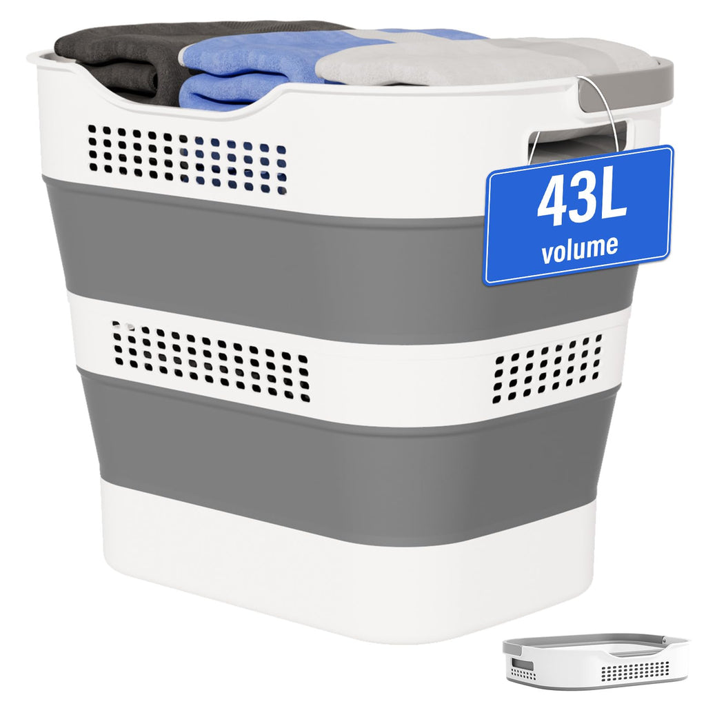 OOAMBB 43L(11.5Gallon) Collapsible Laundry Basket with Handles, Foldable Laundry Basket Plastc,Pop Up Tall Storage Container/Organizer/Clothes Hamper for Laundry (Grey,1 Pack)