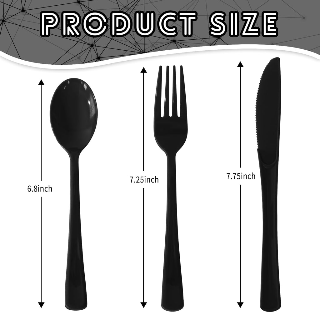 150 Pack Plastic Silverware,Disposable Cutlery Set Heavy Duty Utensil Sets 50 Forks 50 Knives 50 Spoons for Brithday, Wedding,Home School Party Picnics Restaurant Outdoor Events (Black)