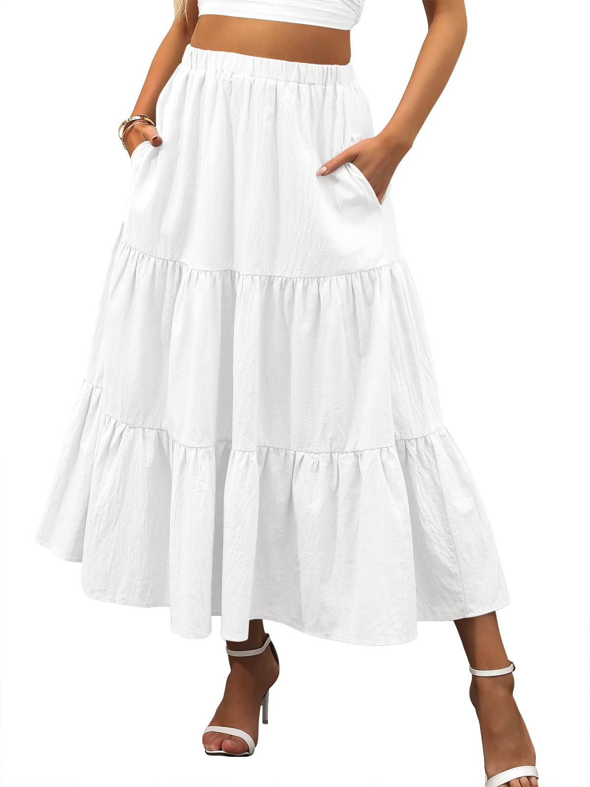 ANRABESS Women’s Summer Boho Flowy Swing Tiered A-Line Maxi Skirt 2026 Fashion Trendy Elastic Waist Pleated Long Beach Dress
