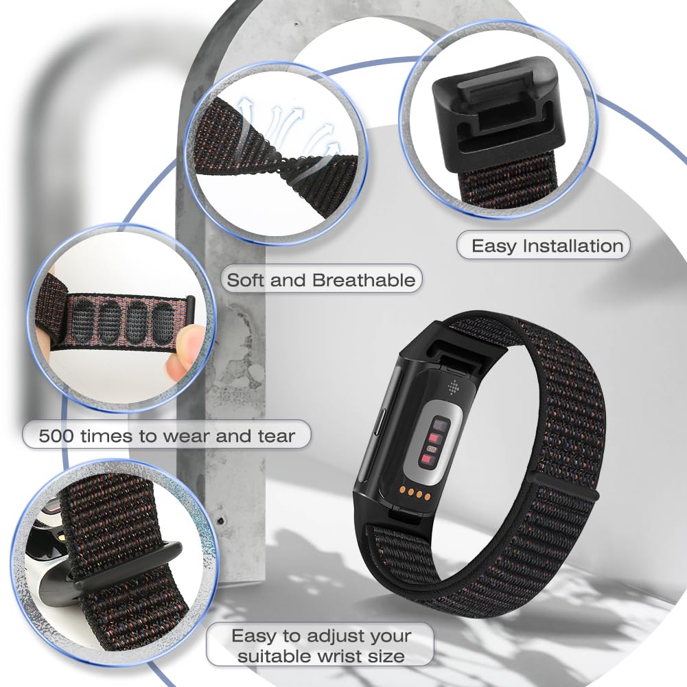 Sport Loop Nylon Watch Bands Compatible with Fitbit Charge 6/5, Adjustable Breathable Replacement Soft Nylon Loop Wristband for Women/Men
