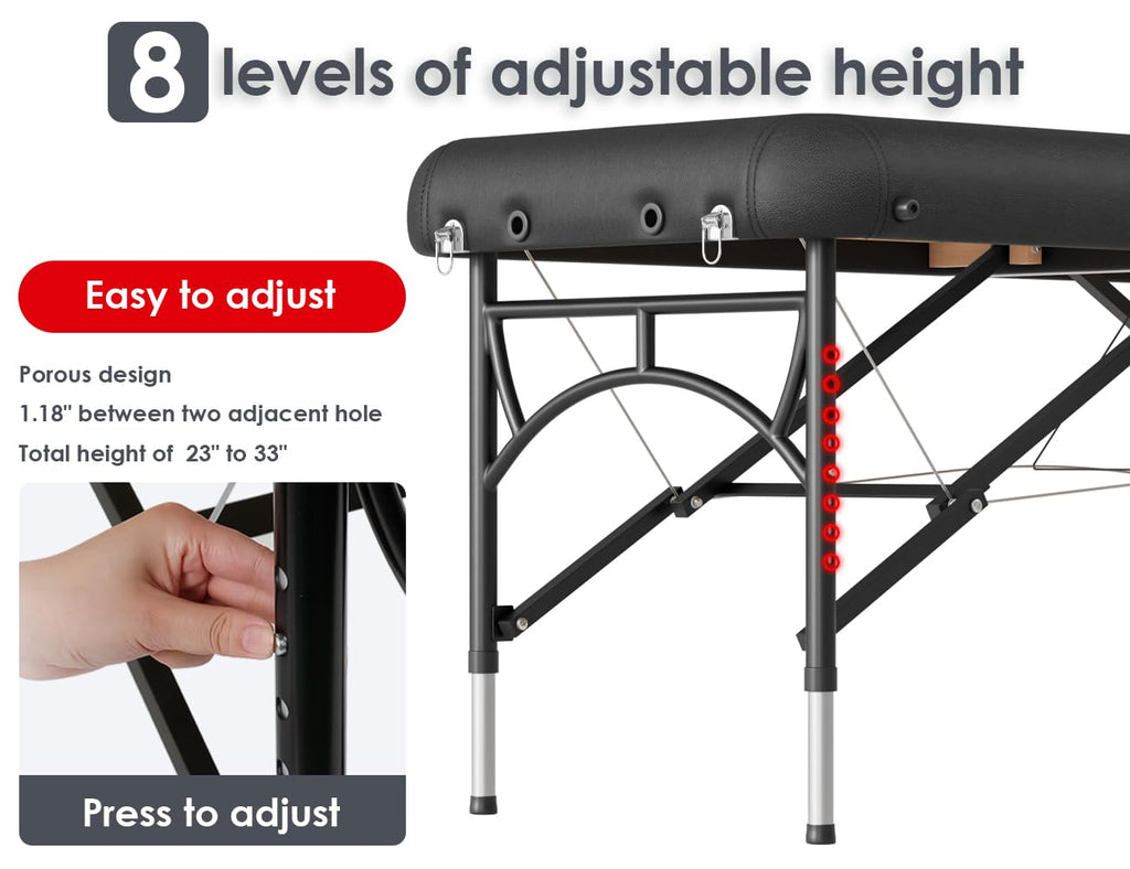 CLORIS 84" Professional Massage Table Portable Reinforced Wooden Leg 2 Folding Lightweight Spa Salon Tattoo Massage Bed Height Adjustable Hold Up to 1100LBS with Carrying Bag Black