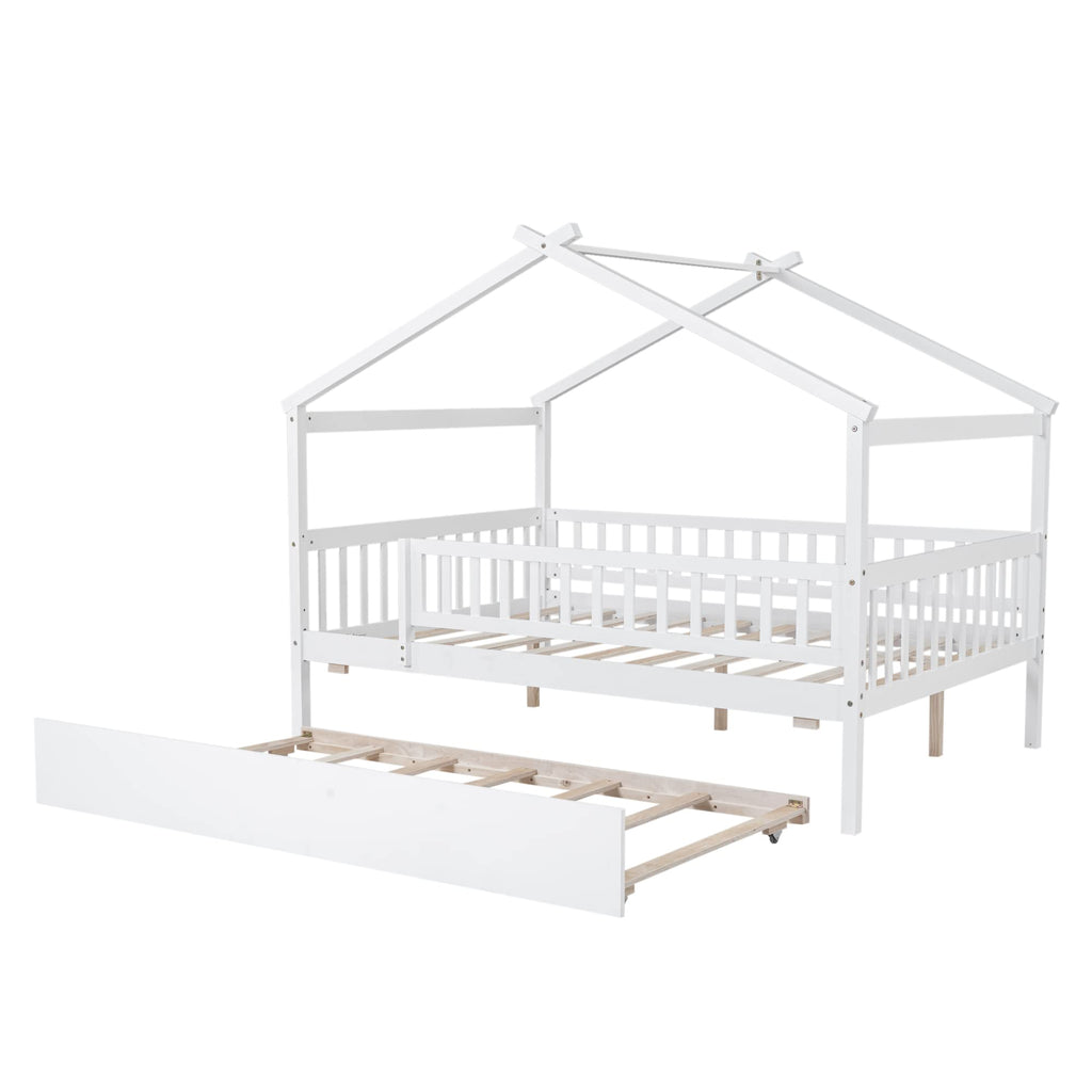 Merax Twin Size Wooden House Bed with Two Drawers, Wood Bed Frame with Roof for Kids, Teens, Boys or Girls, Grey