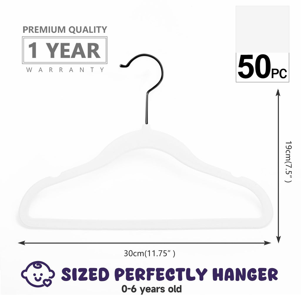 MIZGI Baby Velvet Hangers,Non-Slip Kids & Toddler Hangers,11.8 Inch Hangers for Baby Clothes,Pack of 50(Black/Black)