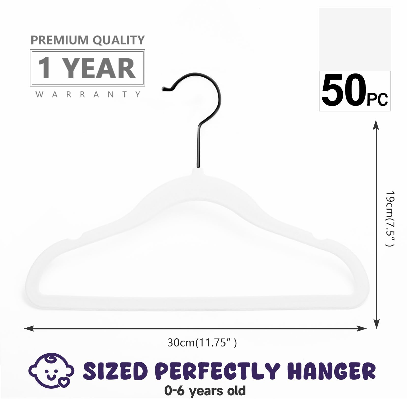 MIZGI Baby Velvet Hangers,Non-Slip Kids & Toddler Hangers,11.8 Inch Hangers for Baby Clothes,Pack of 50(Black/Black)