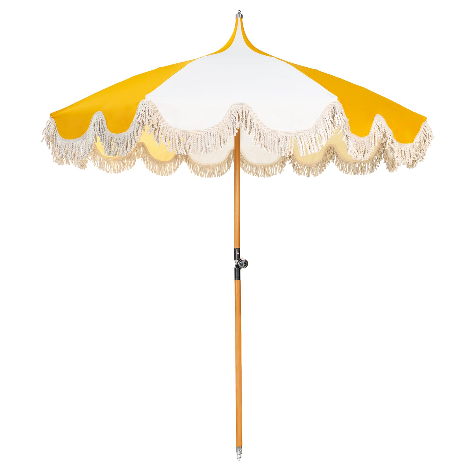6.5ft Pagoda Beach Umbrella with Fringe, UPF 50+ Boho Umbrellas with Carry Bag, Premium Wood Pole Foldable Tassel Umbrella for Outdoor Garden Lawn Pool Yard Table