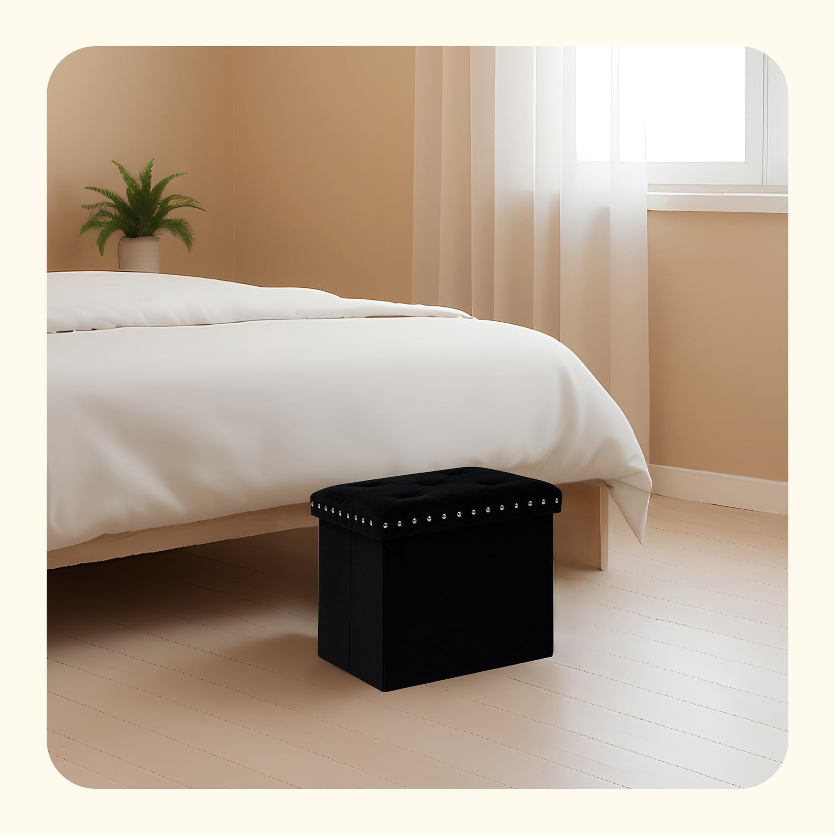 PINPLUS Folding Storage Ottoman Bench, Folding Velvet Tuffed Foot Rest Stool with Rivet, End of Bed Bench Large Long Shoes Chest for Bedroom Entryway Living Room, Beige, 41.3 Inches