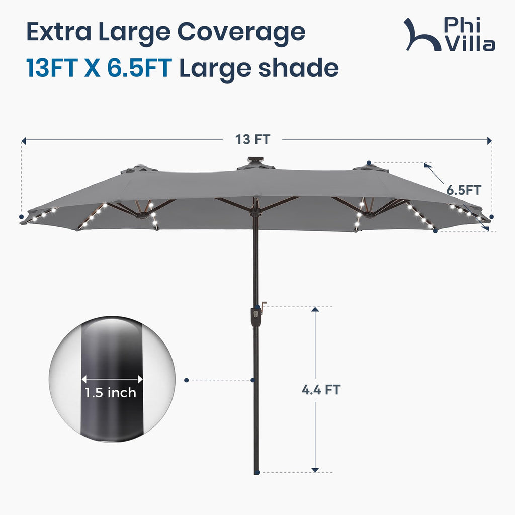 PHI VILLA 13ft Patio Umbrella with Solar-Powered 120 PCS LED Color-Changing Lights, Triple-Head Large Rectangle Umbrella Outdoor Patio for Table with Crank Lift,Beige(No Base)