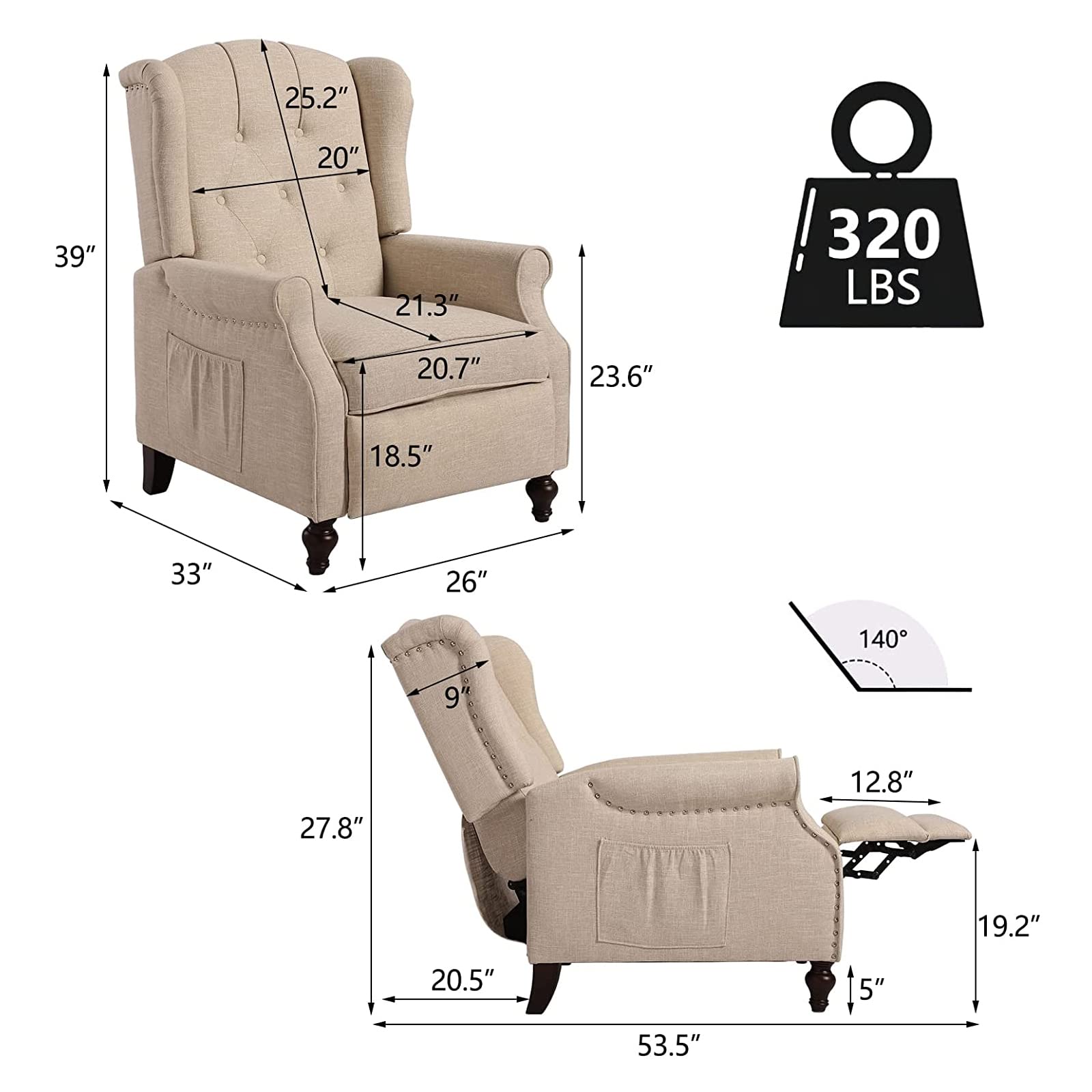 Wingback Chair with Massage and Heat, Tufted Fabric Pushback Recliner Chair, Wingback Recliner Chair with Remote Control, Padded Cushion, Wooden Legs, Small Recliners for Small Spaces