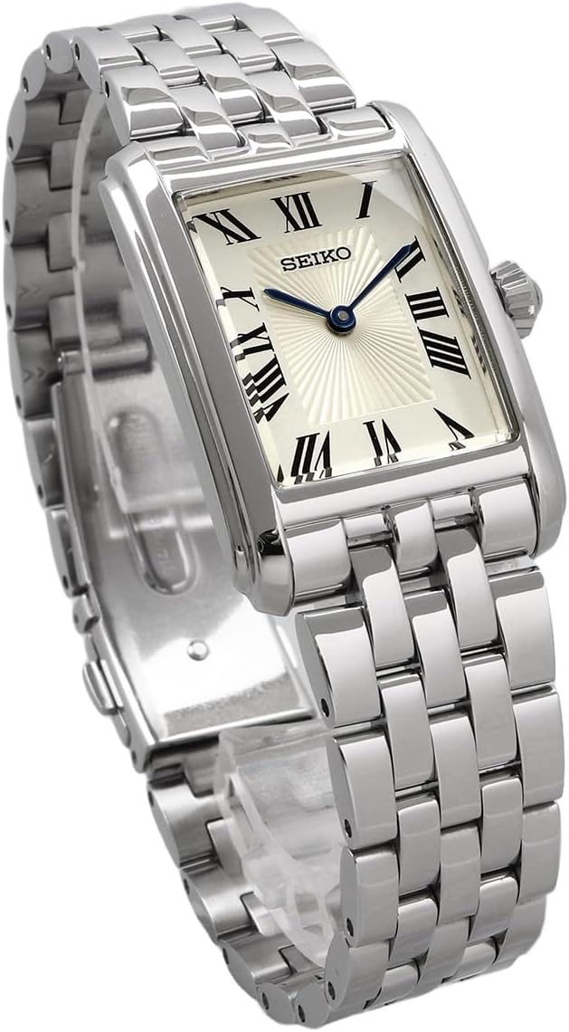 Seiko SWR083 Rectangular Watch - Essentials Collection - Roman Numeral Dial, Blue Hands, Stainless Steel Bracelet, and 50m Water Resistance
