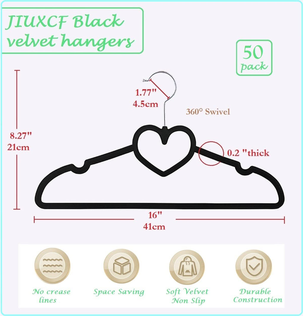 Velvet Hangers 20 Pack,16 Inch Non Slip Adult Heart Hanger (Black) | 360° Swivel Hooks, Cascade Design, Space Saving