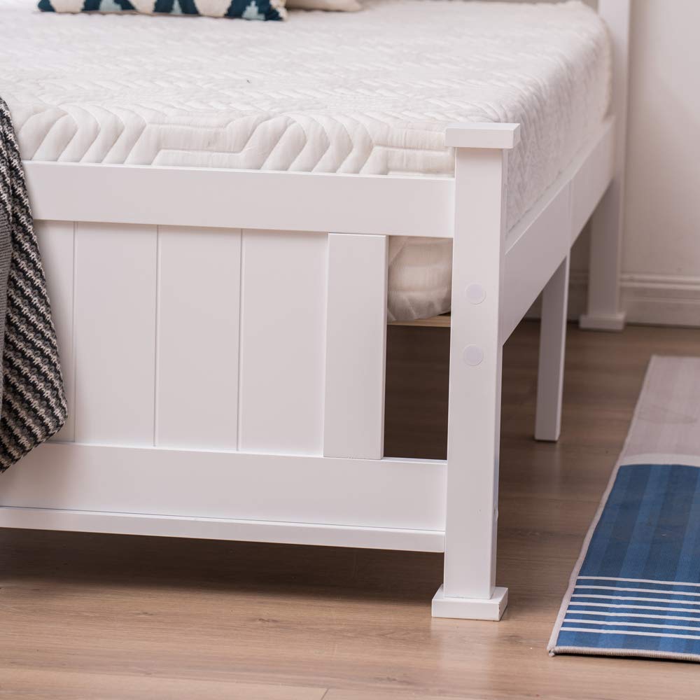 Bonnlo Twin Size Solid Wood Platform Bed Frame, Single Bed with Headboard, No Box Spring Needed Panel Bed, Wood Slat Support Mattress Foundation, White