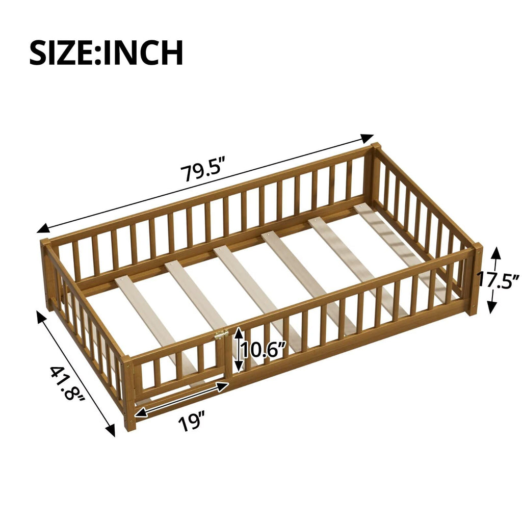 i-POOK Queen Floor Bed for Children, Sturdy Wood Montessori Bed Frame with Wood Slats, High Fence & Small Door for Girls and Boys, Espresso (with Bed Slats)