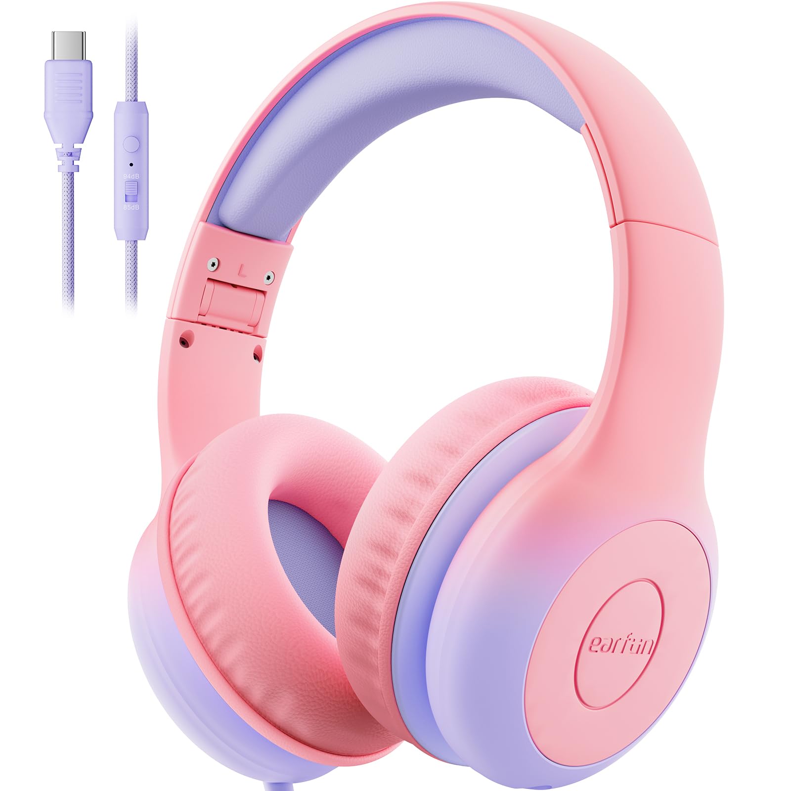 EarFun K1 Kids Headphones Wired with Microphone, 85/94dB Volume Limit Headphones for Kids, Portable Wired Headphone with Shareport, Stereo Sound Foldable Headset for School/Tablet/iPad, Black Red