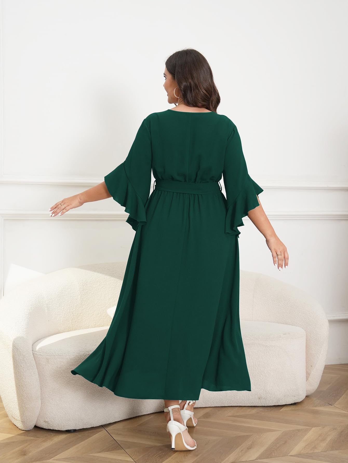 Womens Plus Size Dress Wedding Guest Cocktail Ruffle Half Sleeve Wrap V Neck Slit A Line Maxi Dresses with Belt