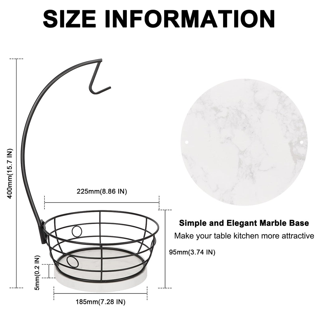 Livabber Countertop Fruit Basket Bowl with Banana Hanger, Modern Standing Fruit Vegetable Bowl Storage, with Banana Tree Holder for Kitchen Dinning Table (Round Marble, Black)