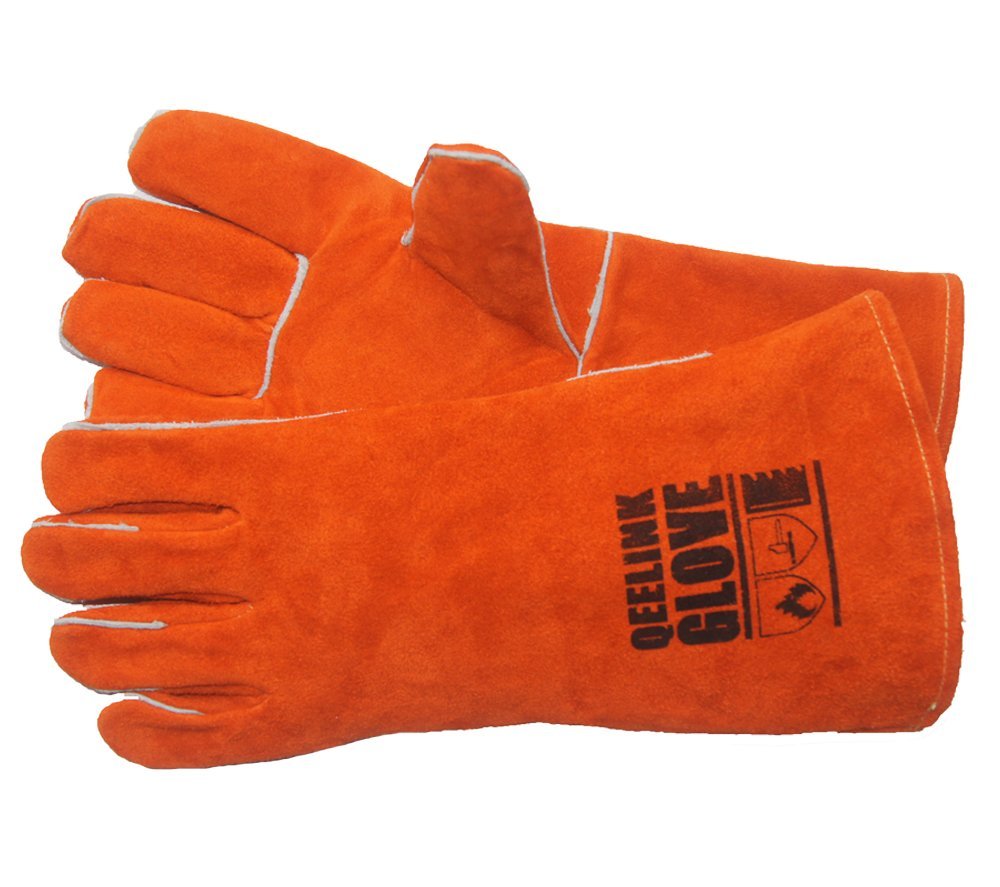 QeeLink Welding Gloves - Heat Resistant Leather and Fireproof Stitching for Fireplace Fire Pit Wood Stove BBQ Gardening Gear