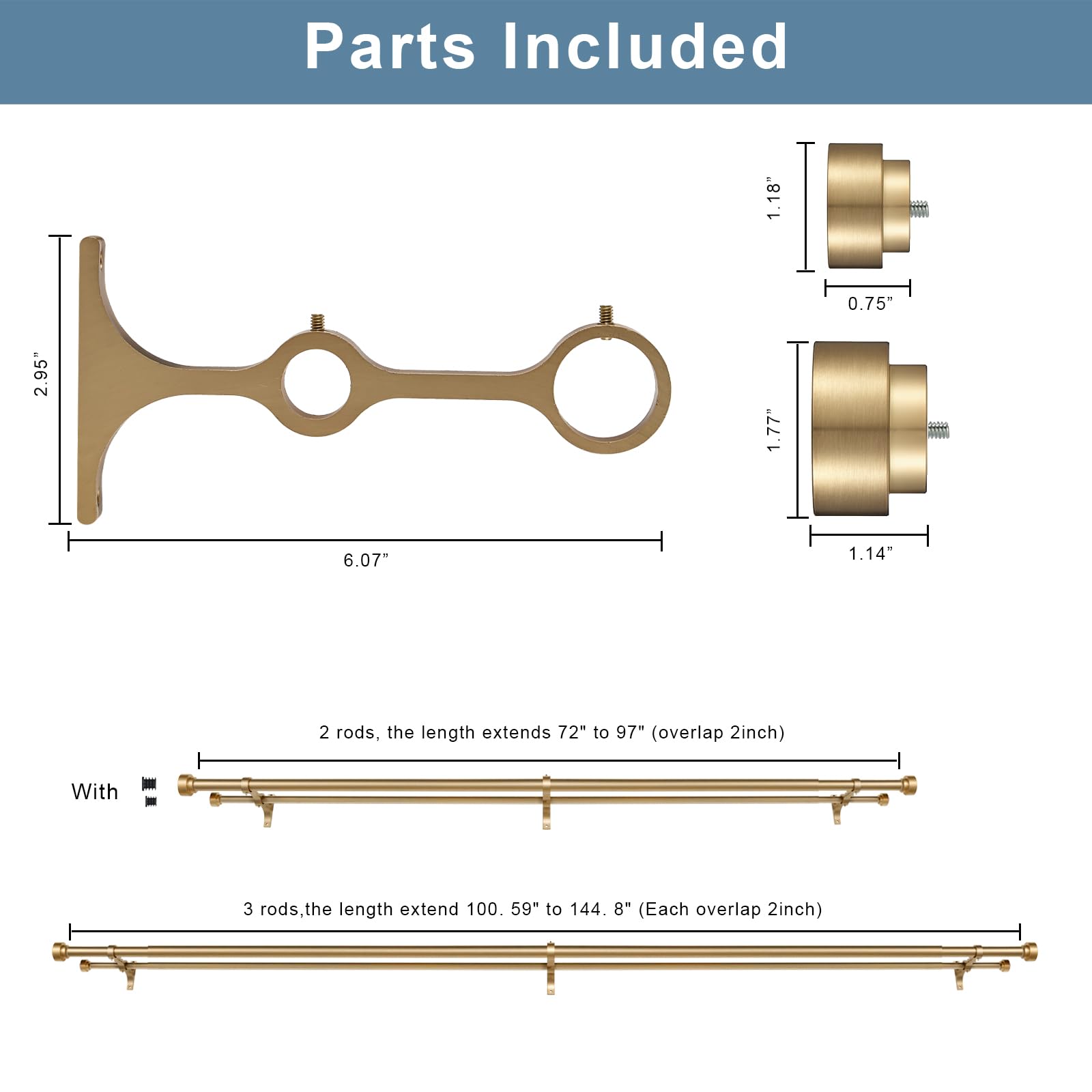 Heavy Duty Double Curtain Rods with Cylindrical Cap Finials - 36 to 72' Telescoping Rods, 1 Inch and 5/8 Inch Diameter, Light Gold