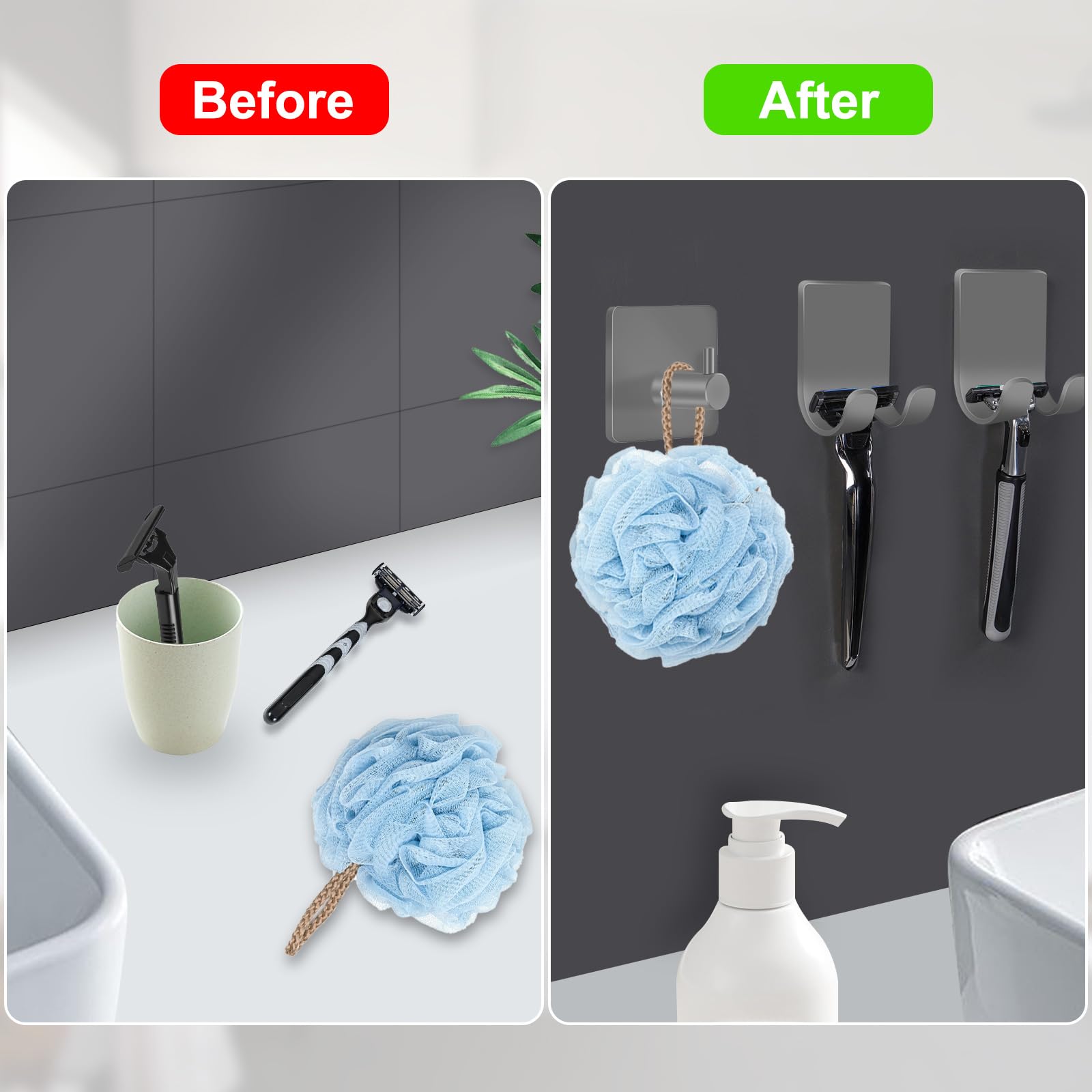 CGBE Shower Holders for Razors, 2 Pack Squeegee Holder and 2 Pack Razor Holder, Razors Holder for Shower Heavy Duty Waterproof Hook for Squeegee Loofah - Black