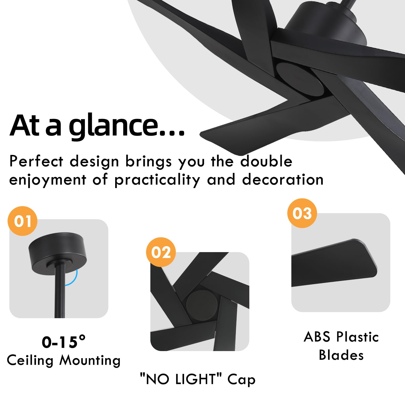 WINGBO 54" ABS DC Ceiling Fan No Light, 5 Blade Wood Grain ABS Ceiling Fan with Remote, 6-Speed Reversible DC Motor, Ceiling Fans without Light for Kitchen Bedroom Living Room, Antique Nickel and Grey