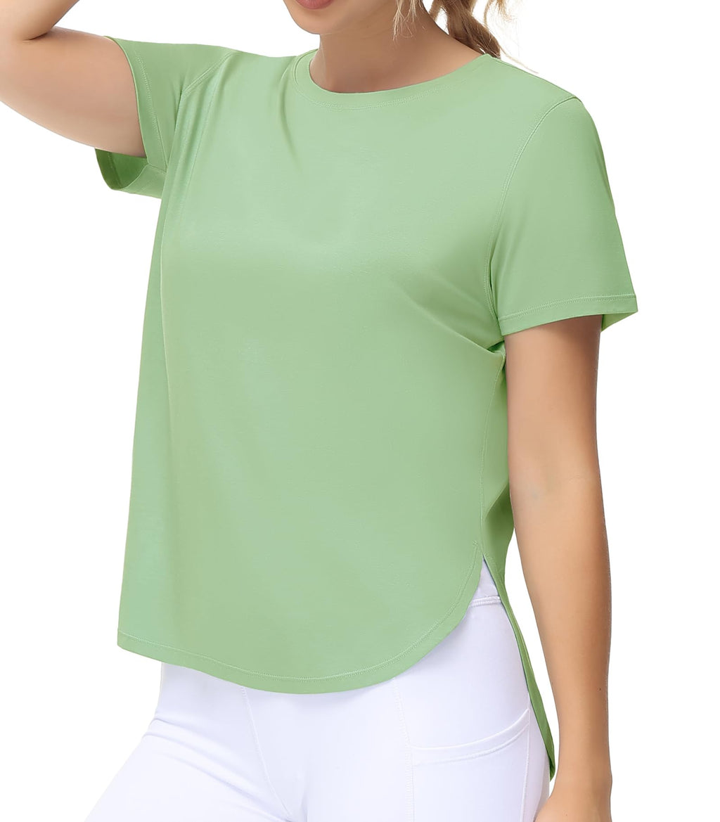 THE GYM PEOPLE Women's Workout T-Shirts Loose Fit Short Sleeve Cotton Running Basic Tee Tops with Split Hem