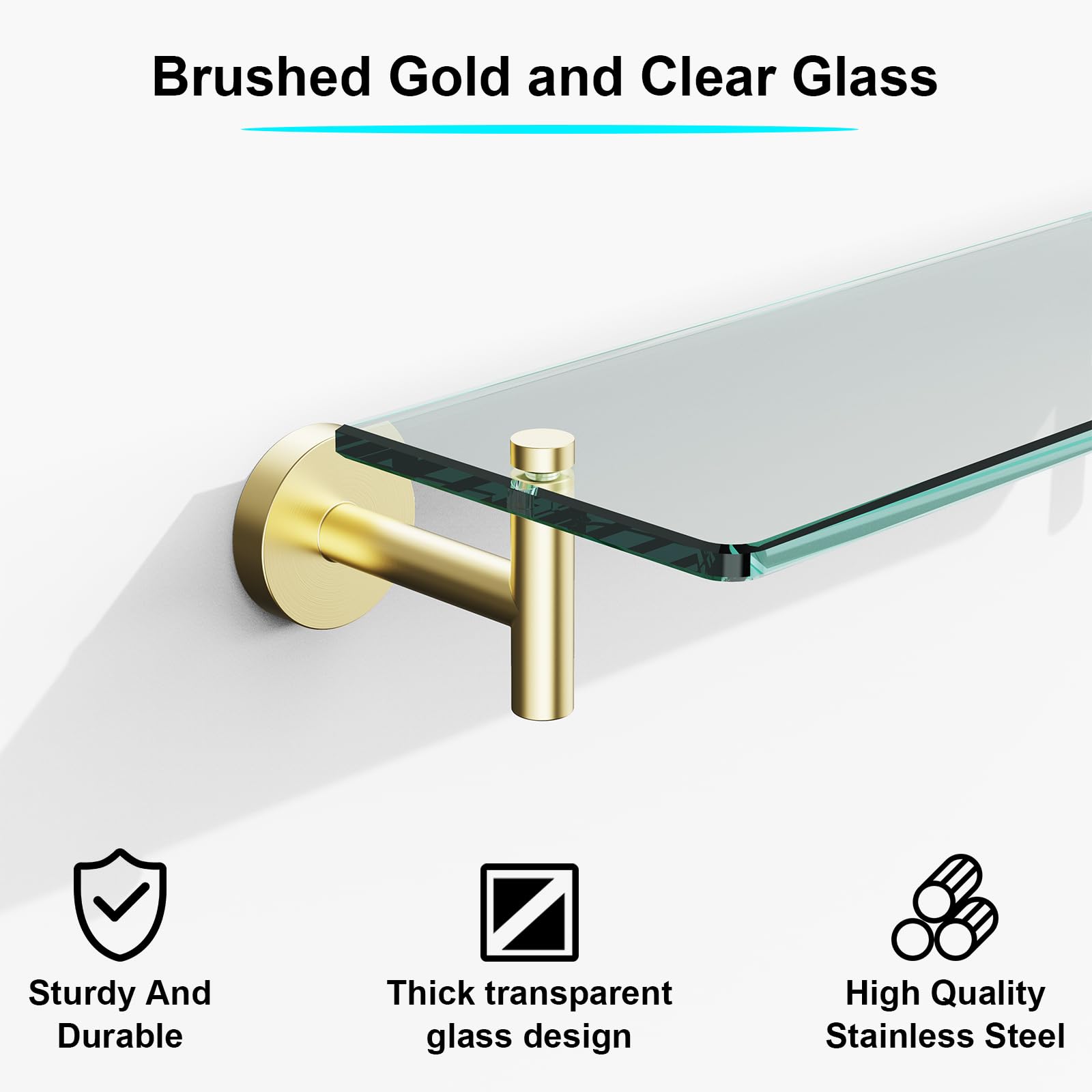Glass Bathroom Shelves,Brushed Gold Floating Shelves for Wall Rectangular Modern Stainless Steel Glass Shelf for Bathroom Shelves wall Mounted 16 Inch