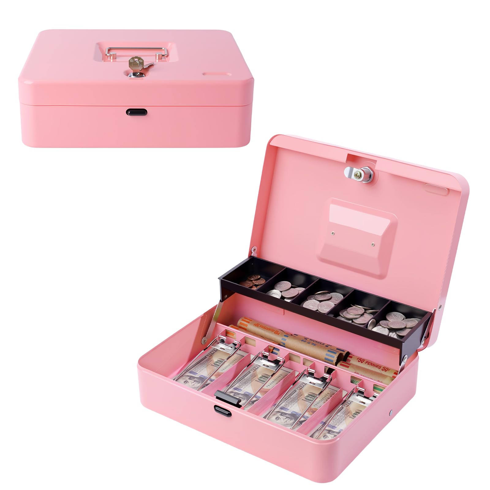 Cash Box with Money Tray and Key Lock, Saving Lock Box with Money Tray Storage for Cash Register 11.8"x9.45"x3.54" Black XL Large