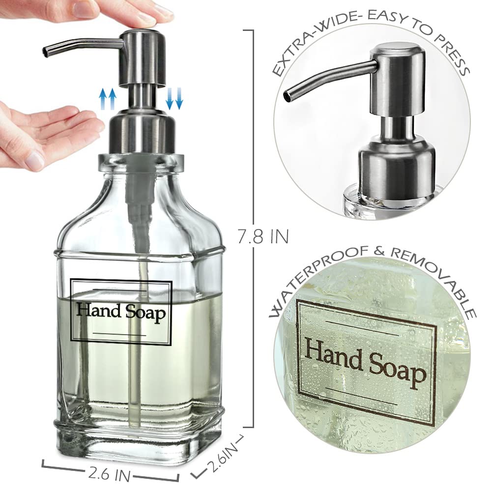 JASAI Antique Design Soap Dispenser with Rust Proof 304 Stainless Steel Pump, Refillable Glass Soap Dispenser with 10Pcs Clear Stickers, Premium Kitchen & Bathroom Soap Dispenser