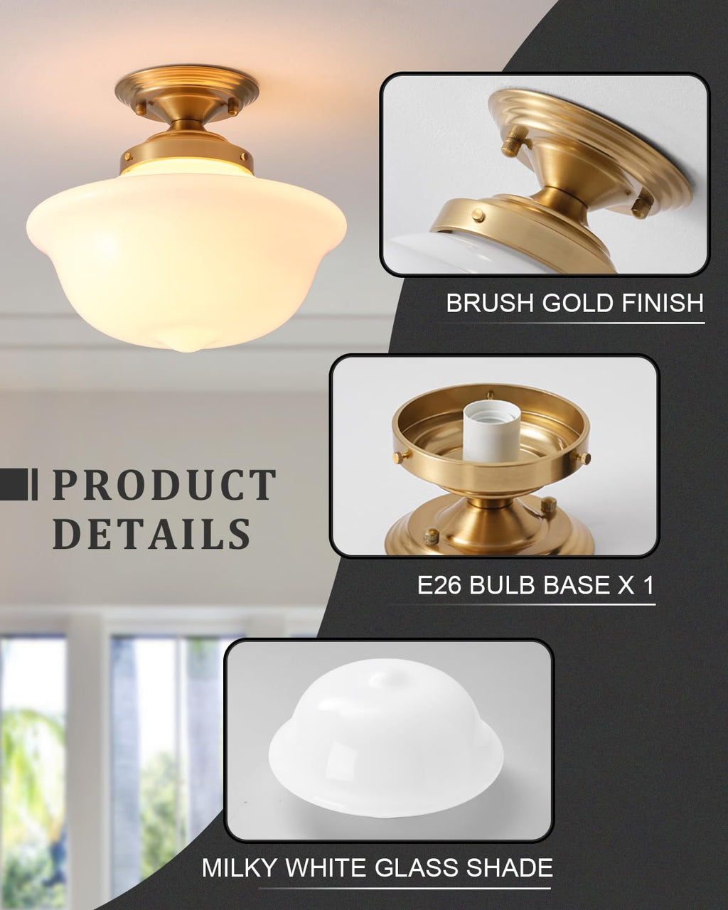 Schoolhouse Light Fixture, 12 Inch Black Finish with Milk Glass Semi Flush Mount Ceiling Light, Ceiling Light Fixture for Kitchen Hallway Entryway (Type C Pendant Light)