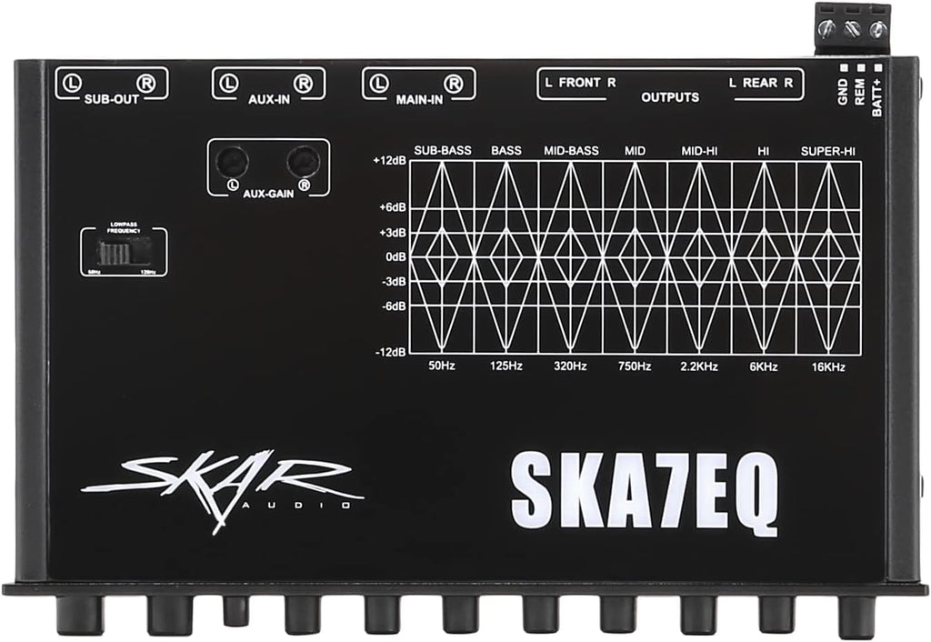 Skar Audio SKA7EQ 7 Band 1/2 DIN Pre-Amp Car Audio Graphic Equalizer with Aux Input and High Voltage RCA Outputs