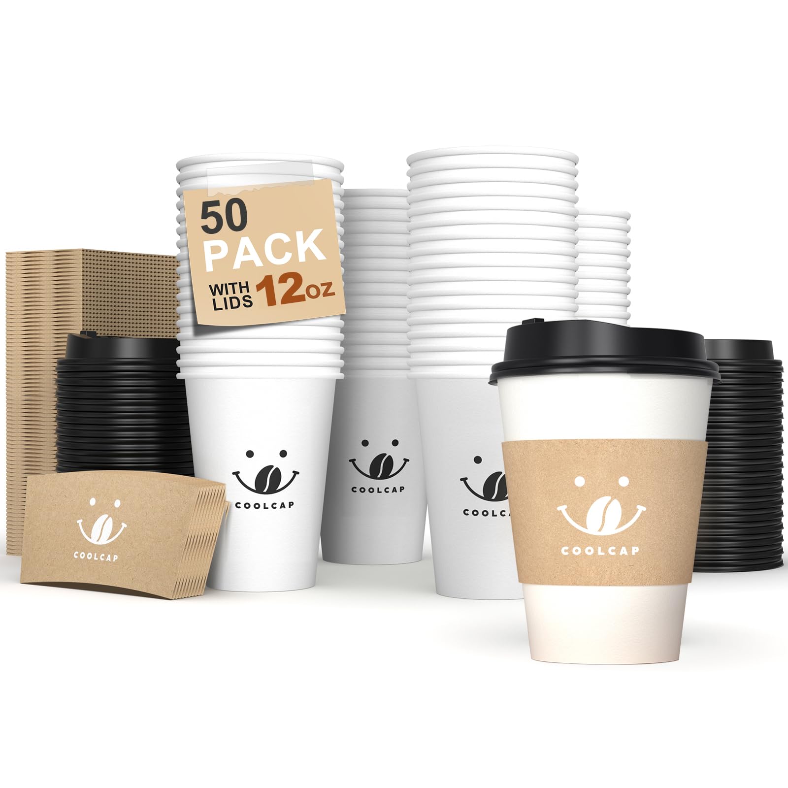 16 oz 100 Pack Corrugated Ripple Wall Disposable Coffee Cups with Lids and Straws, Heavy Duty Insulated Cups for Hot Beverage or Cold Drinks, Bulk for Restaurants, Offices, Coffee Shops(Black)
