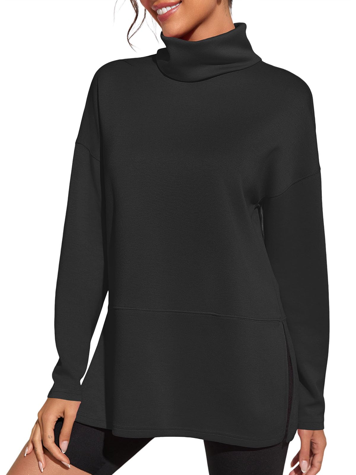 Fisoew Women's Turtleneck Oversized Sweatshirt Casual Long Sleeve Loose Side Slit Pullovers Tunic Tops
