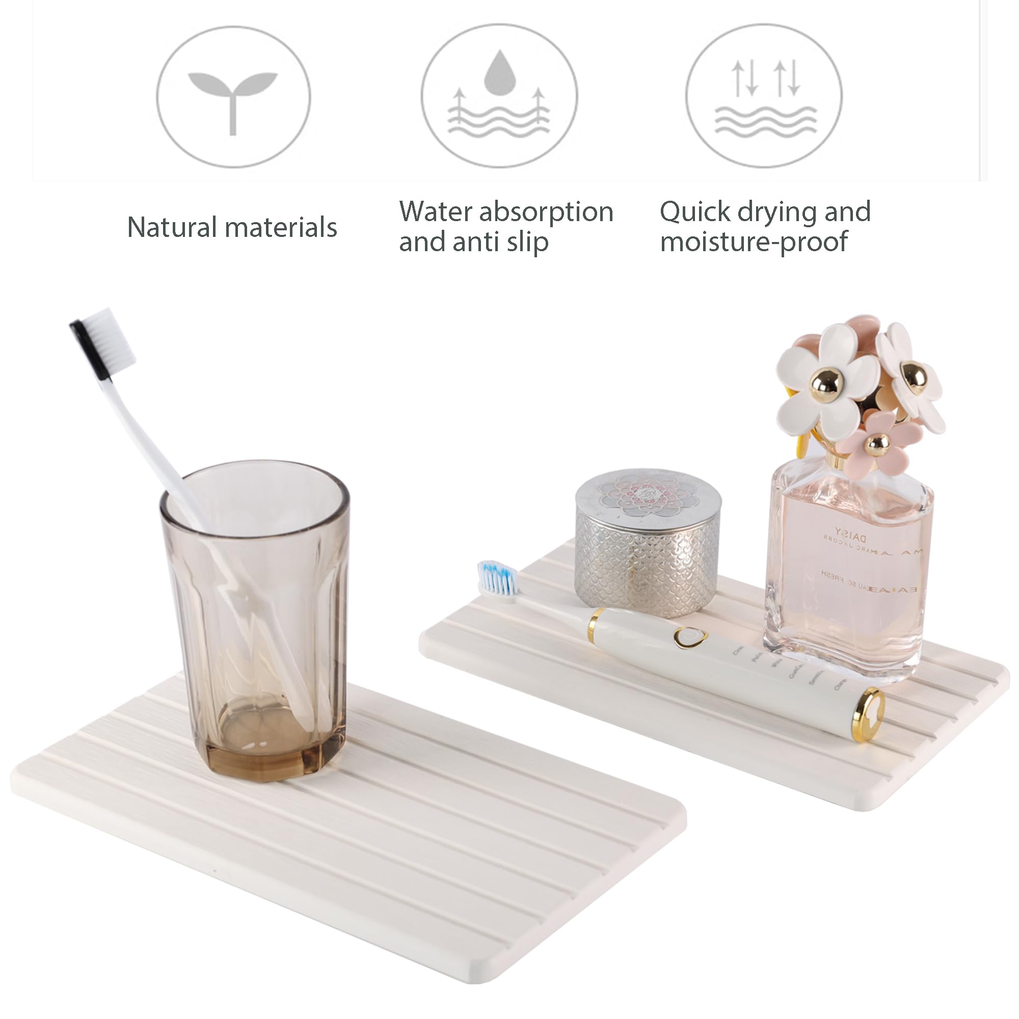 NiuYichee 2 PCS Water Absorbent diatomite Coasters, 7.1" x 3.5" Water Absorbing Stone Tray for Sink, Stone Drying mat for Kitchen Counter, Stone soap Tray Used for Hand Soaps & toiletries & Plants