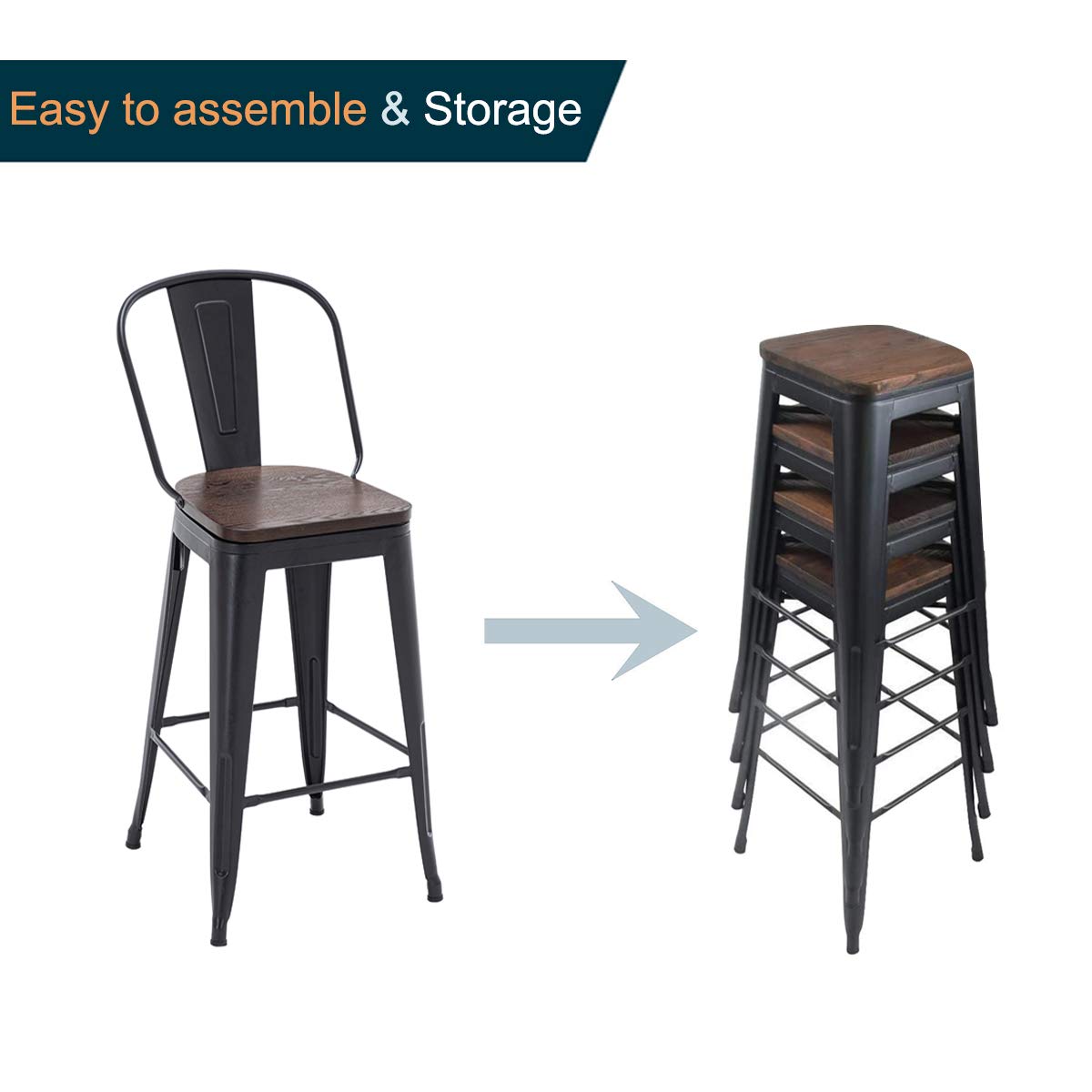 Alunaune 24" Swivel Metal Bar Stools Set of 4 High Back Counter Height Barstools Industrial Dining Bar Chairs with Large Wooden Seat-Matte Black