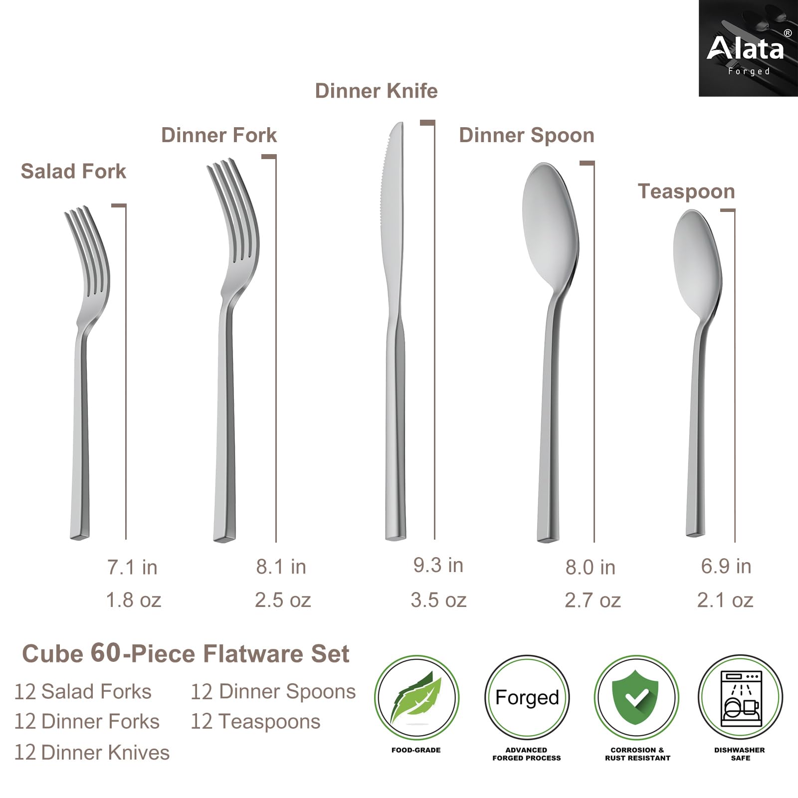Alata Cube Black 20-Piece Forged Silverware Set Stainless Steel Flatware Set,Service for 4,Matte Satin Polished Cutlery Set,Dishwasher Safe